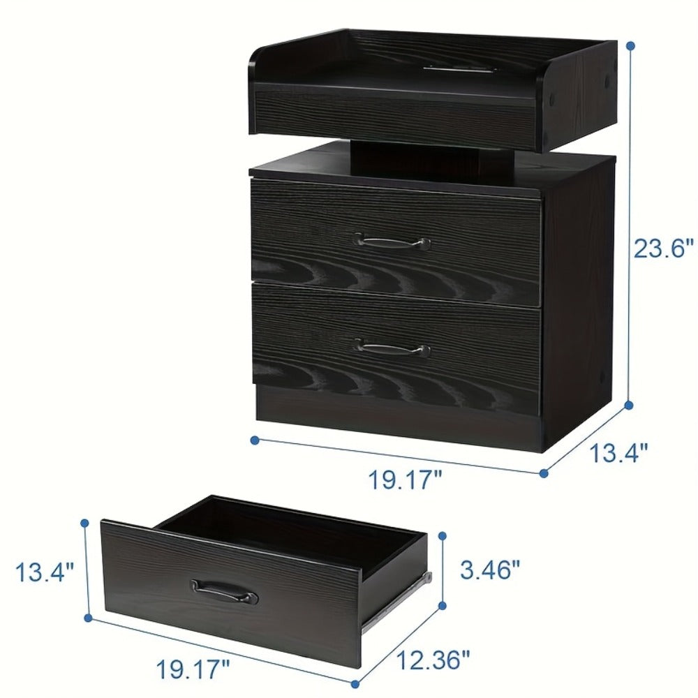 Wooden Nightstand with LED Ambient Light & Charging Station, Fabric Drawer, Blue Glow for an Everyday Personal Care Routine