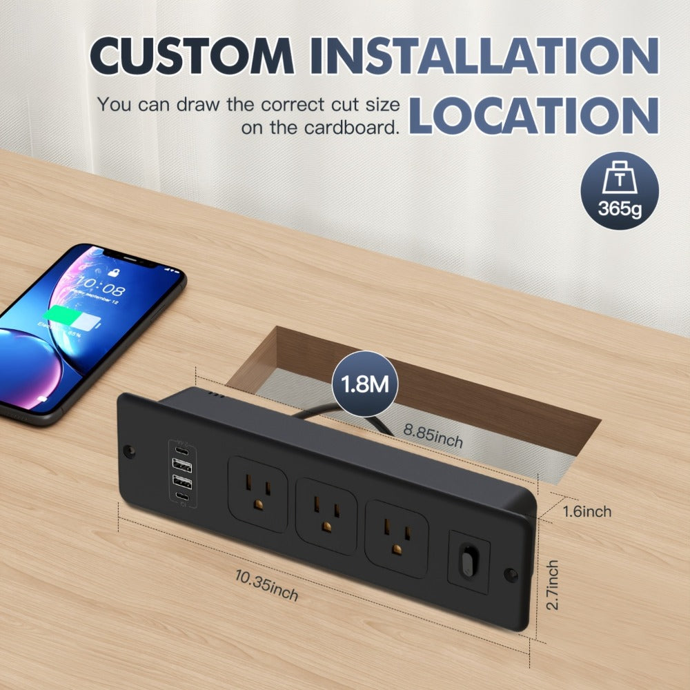 Recessed Power Strip In-Desk Embedded Socket 7-in-1, 3 AC Outlets & 4 USB Ports, Slim Space-Saving Design