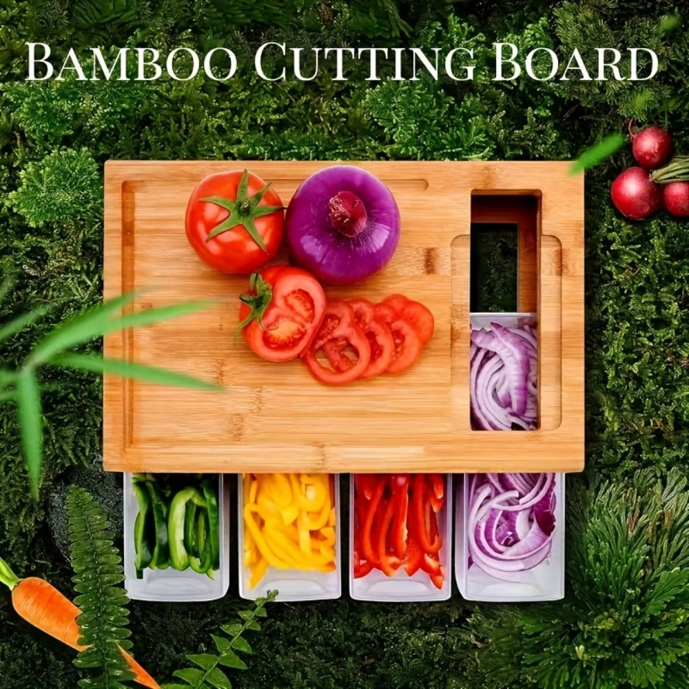 Bamboo Cutting Board with Food Container, Cheese Grater & Juice Groove – Large Wooden Chopping Board Set with Storage Box