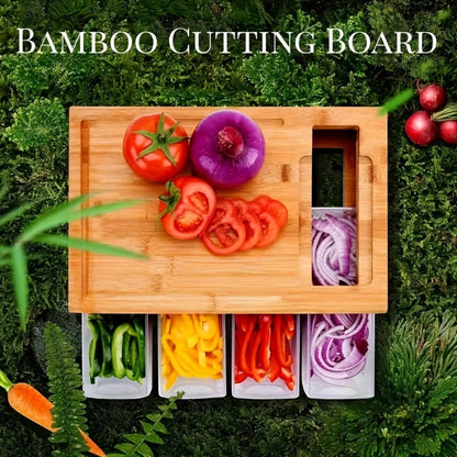 Bamboo Cutting Board with Food Container, Cheese Grater & Juice Groove – Large Wooden Chopping Board Set with Storage Box
