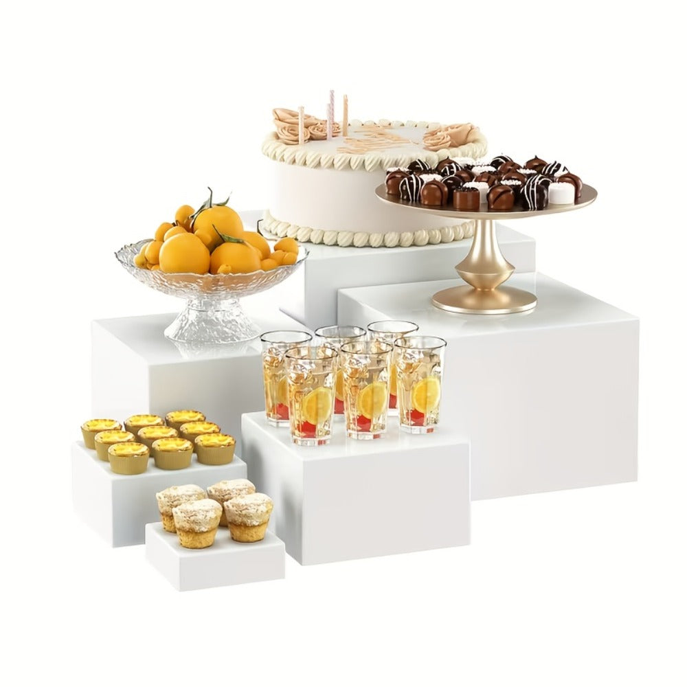 Display Stands 6pcs Five-Sided Square Buffet Risers – White Transparent Dessert Cake Display Storage Rack for Party Wedding Catering Retail