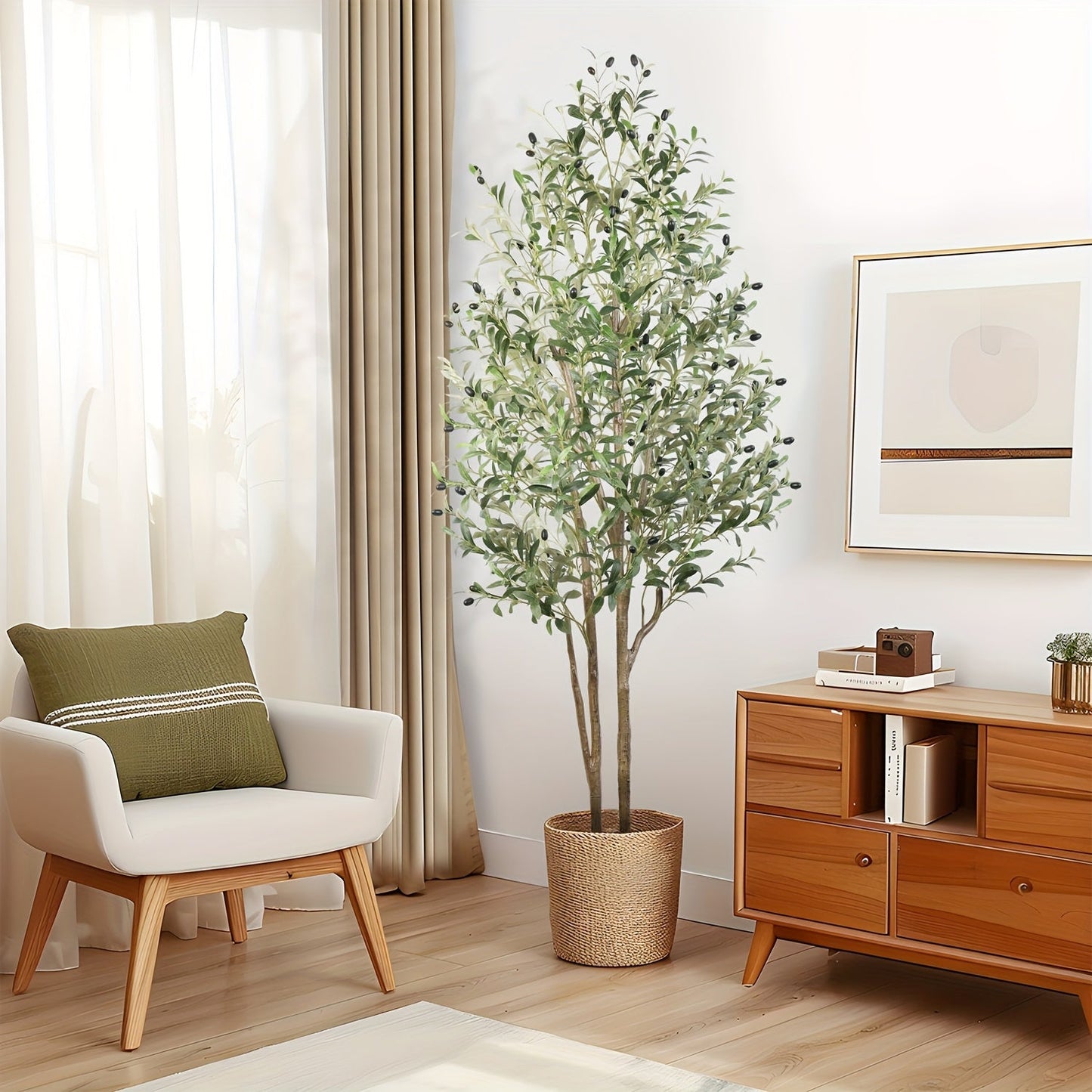 Full-Canopy Artificial Olive Tree with 4, 5, 6 or 7 ft Height Options, Decorative Fruit and Potted Base
