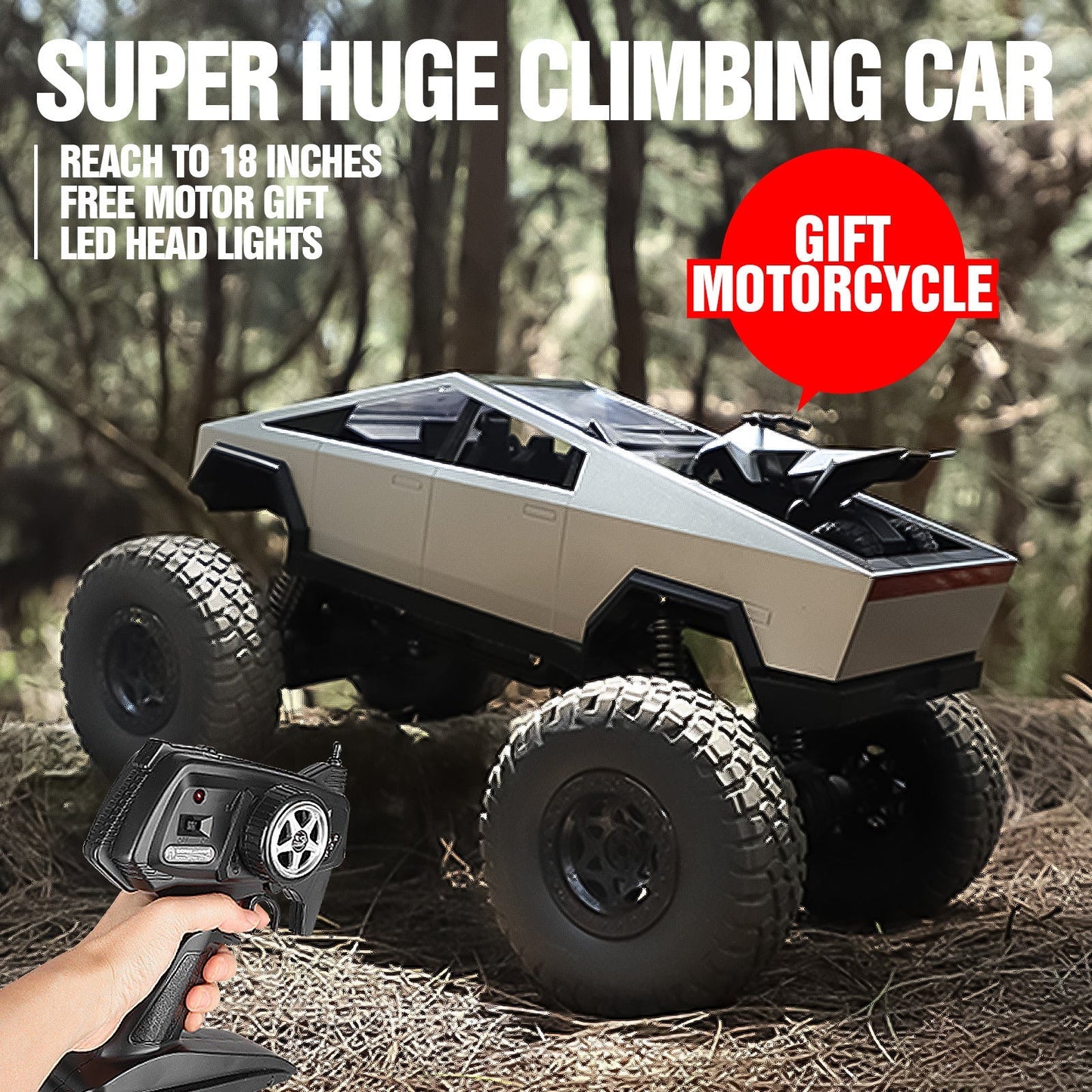 Giant 18 Inch RC Monster Truck with Free Bonus Mini RC Motorcycle, 4WD Powerful Climbing Shockproof Remote Control Pickup Truck