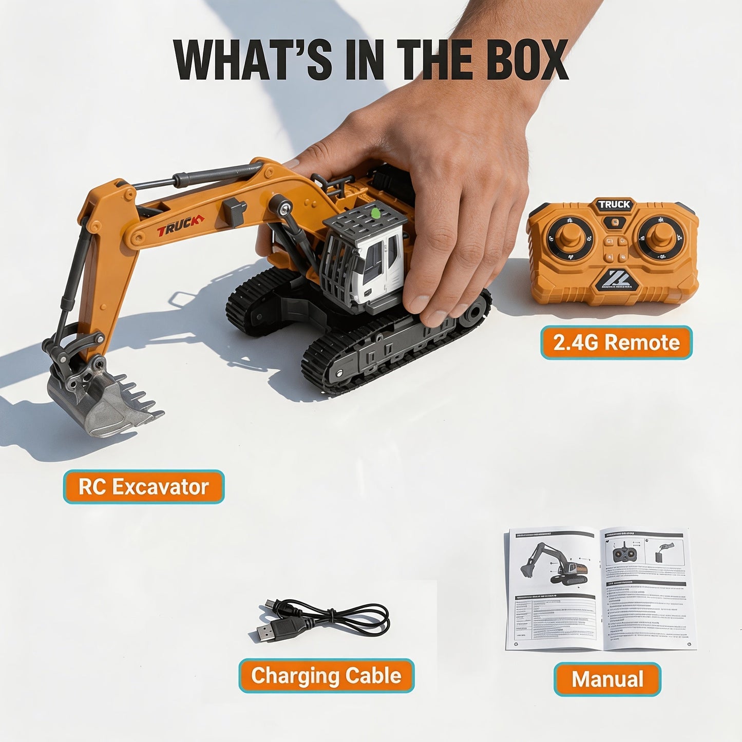 RC Excavator Toy for Kids Track Type 2.4GHz, 1200mAh Rechargeable Remote Control Construction Truck with Metal Shovel & LED Light