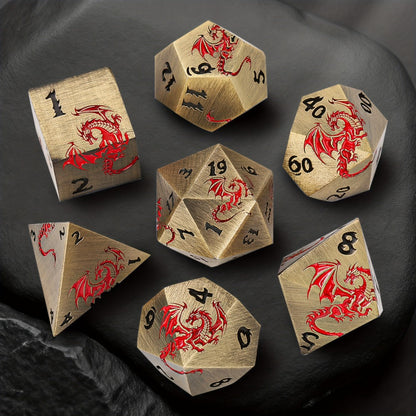 Dragon Metal Dice Set 7pcs Hand-Polished, Retro Carved Dragon Pattern Polyhedral DnD TTRPG RPG Dice with Dragon Storage Bag