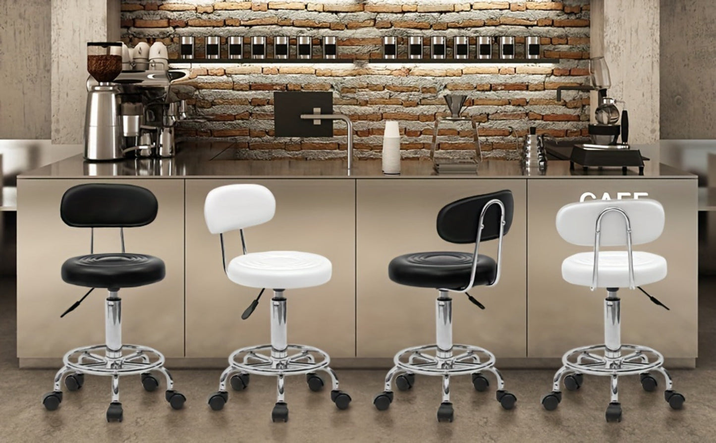 Adjustable Salon Stool with Backrest, Ring Footrest, Five Casters and Black or White Round Padded Seat