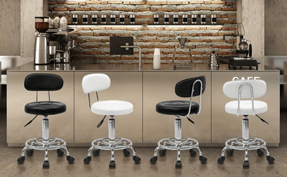 Adjustable Salon Stool with Backrest, Ring Footrest, Five Casters and Black or White Round Padded Seat