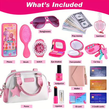 Pink Princess Play Purse Set for Girls, Pretend Makeup Handbag with Phone, Lipstick, Keys & Crossbody Bag
