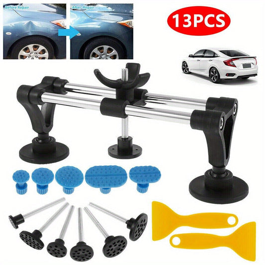 Thirteen-Piece Bridge-Style Dent Puller Set with Suction Feet, Puller Tabs and Two Scraper Tools