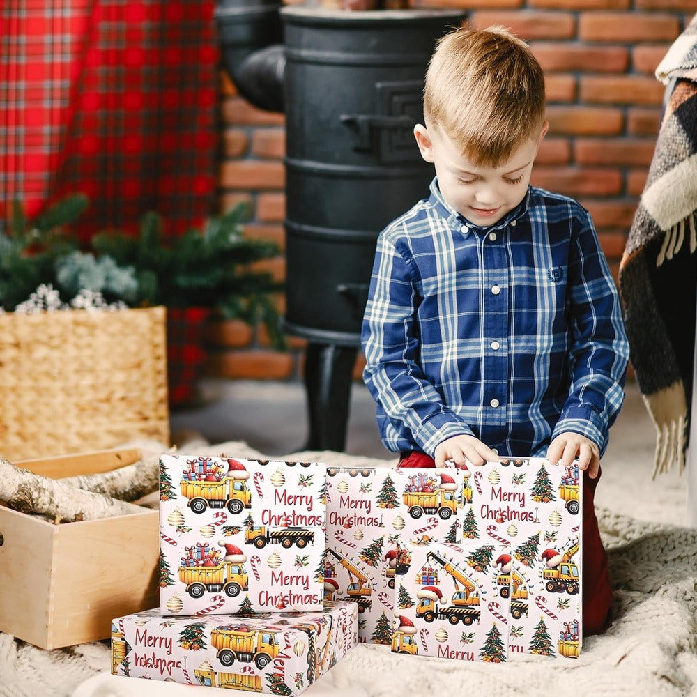 Christmas Wrapping Paper Construction Vehicles – Dump Trucks Excavators Tractors Gift Wrap for Boys Girls, 58"x23" Roll (28.5 Sq Ft)
