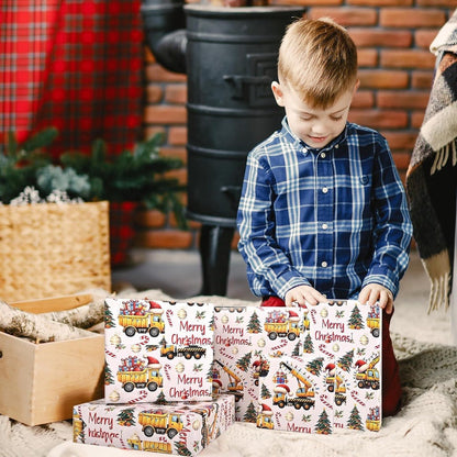 Christmas Wrapping Paper Construction Vehicles – Dump Trucks Excavators Tractors Gift Wrap for Boys Girls, 58"x23" Roll (28.5 Sq Ft)