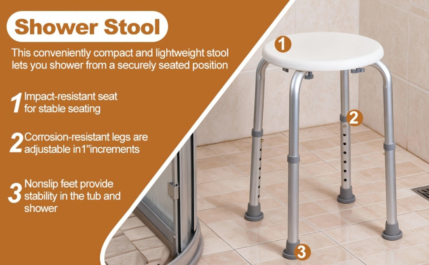 Shower Stool for Inside Shower, Adjustable Height Bath Seat, Stable Bathroom Stool for Sitting, Fits Showers & Bathtubs