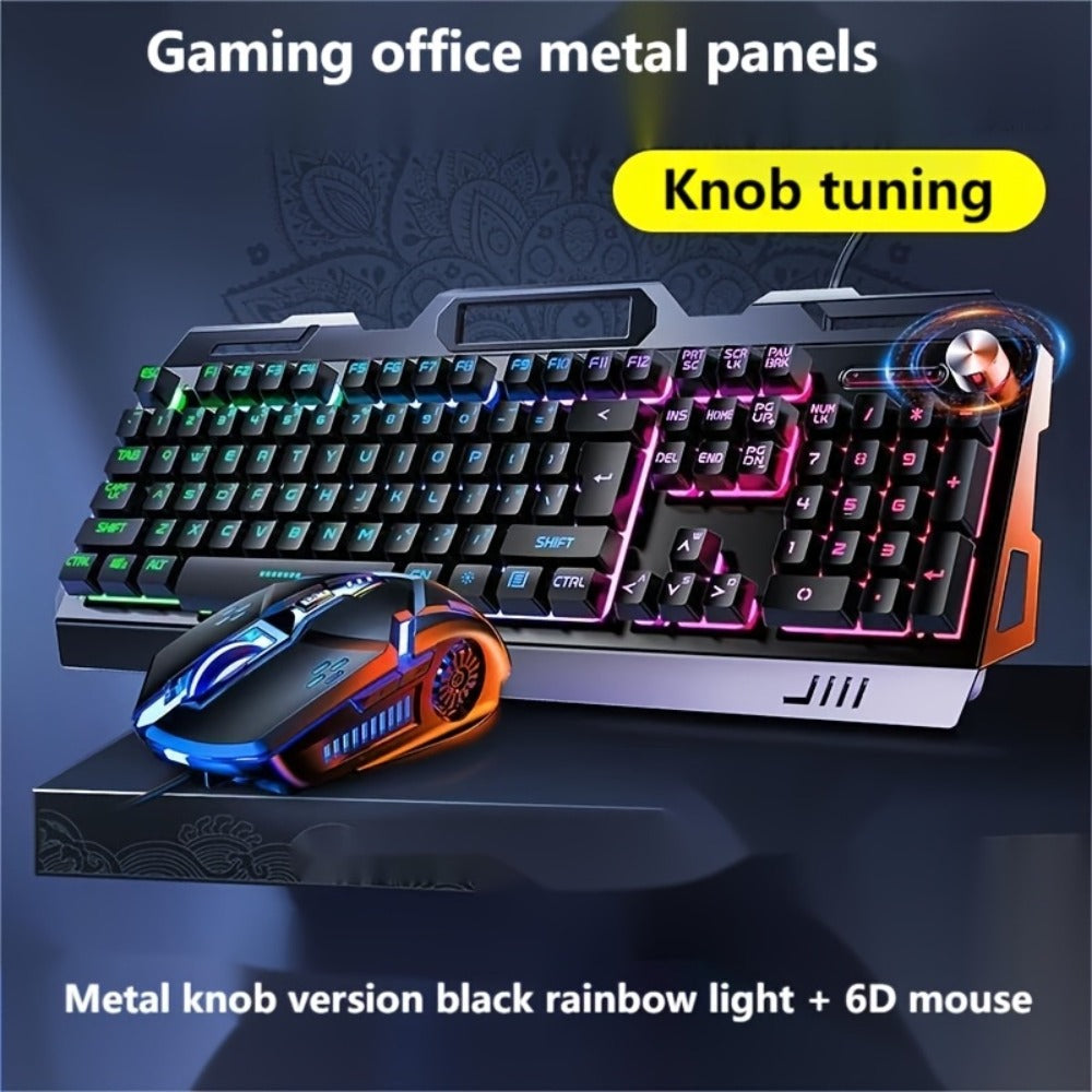 Gaming Keyboard Wired 104 Keys Full Metal Panel – LED Color Backlight, Multimedia Knob, Faux Mechanical Feel, USB
