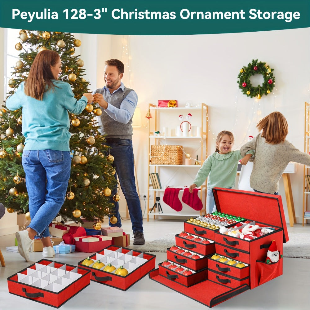 Christmas Ornament Storage Box 128 Slots 8 Trays Stackable Large Capacity Holiday Organizer with Lid Side Open Adjustable Dividers Removable