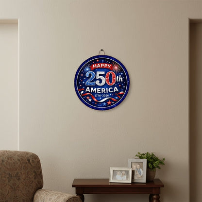 Patriotic Wooden Door Sign 250th Anniversary 1776-2026 Retro Round Wreath 4th of July Independence Day Hanging Decoration Home Porch Outdoor