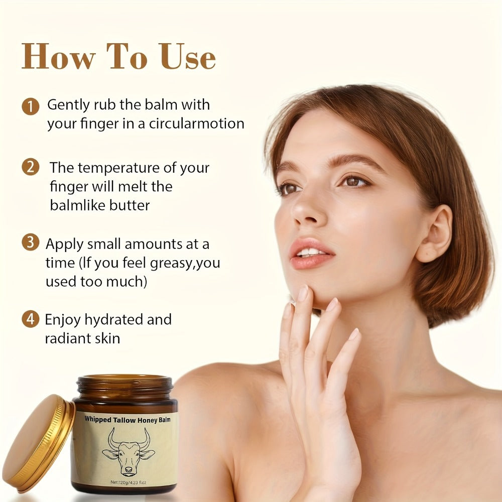 Whipped Beef Tallow Balm for Face & Body 4oz – Grass-Fed with Honey, Natural Non-Greasy Deep Moisturizer for Dry & Sensitive Skin