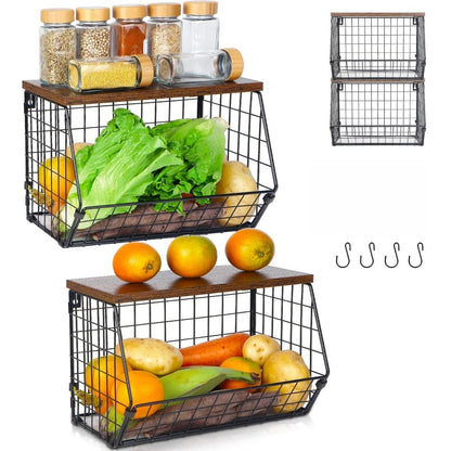 Wall-Mounted Fruit Basket with Wooden Cover – 2-Tier Metal Kitchen Storage Basket with Hooks, Stackable Hanging Organizer for Potatoes