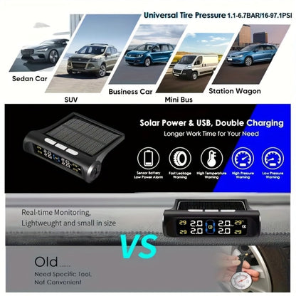 Solar TPMS Tire Pressure Monitoring System – Solar & USB Charging, 5 Alarm Modes, Color Display for 4-Wheel Vehicles