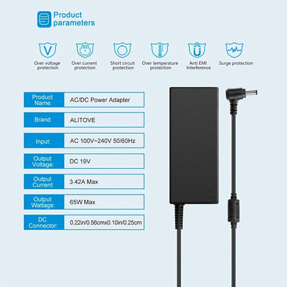 Universal DC Power Adapter 19V 3.42A 65W – ALITOVE Laptop Charger & Monitor Power Supply with 9 Interchangeable Tips