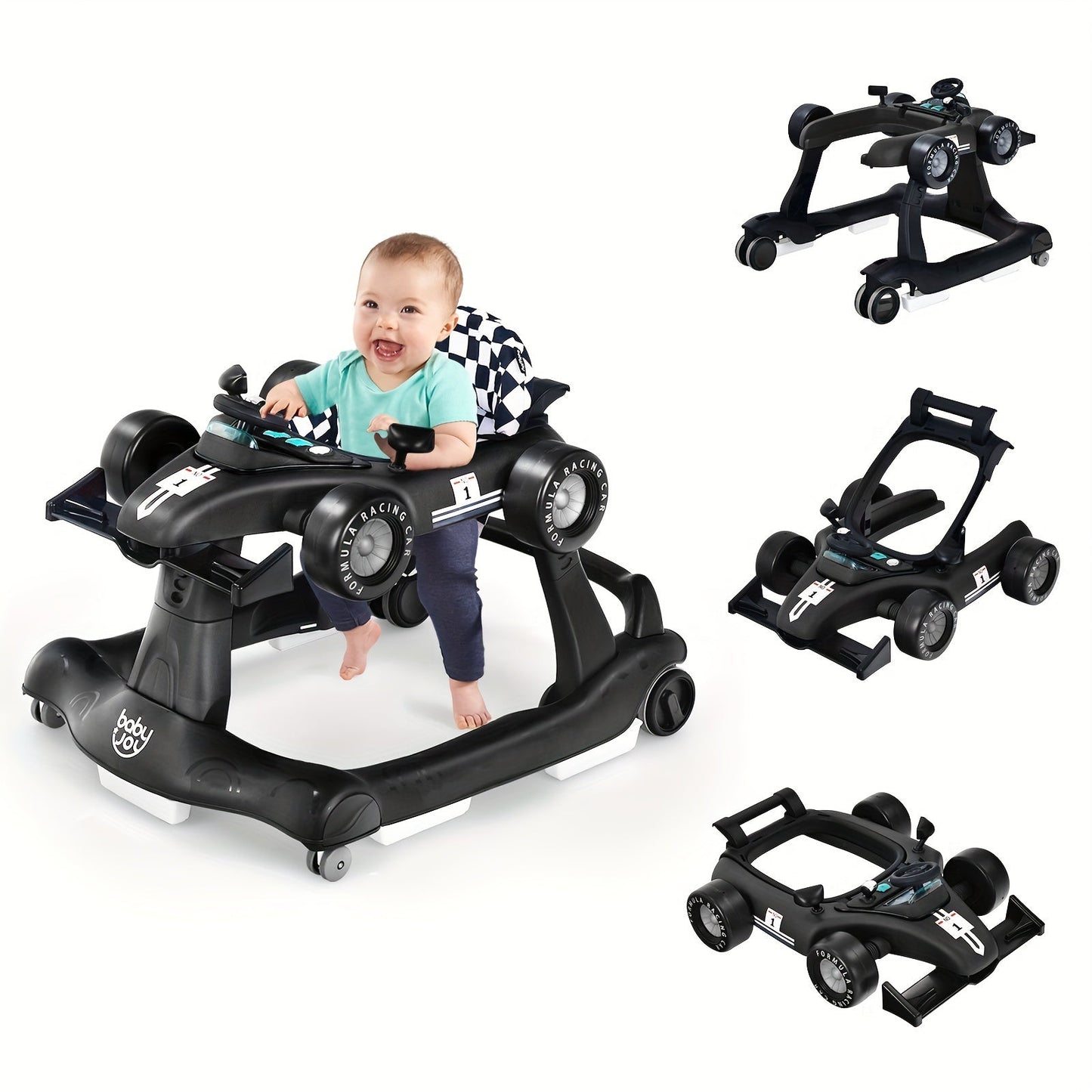 4-in-1 Foldable Baby Walker with Activity Toy Tray & Adjustable Height, Sit-to-Stand Push Walker for Infants & Toddlers