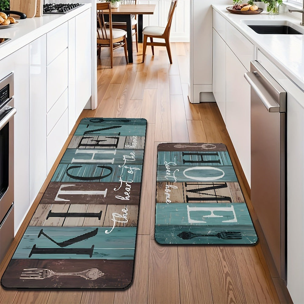 Diatomaceous Earth Kitchen Mat Set 2pcs – Non-Slip Anti-Fatigue Rug for Kitchen Bathroom Bedroom Hallway, Green Brown Wood Plank Pattern