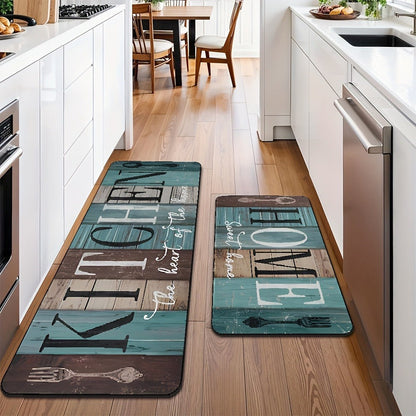 Diatomaceous Earth Kitchen Mat Set 2pcs – Non-Slip Anti-Fatigue Rug for Kitchen Bathroom Bedroom Hallway, Green Brown Wood Plank Pattern