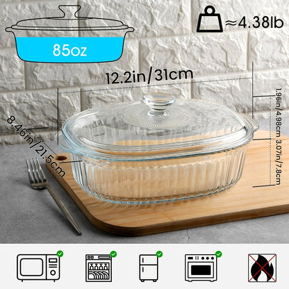 Glass Casserole Dish with Lid, Oval Ribbed Roasting Pan, Oven & Covered Baking Dish for Entryways, Bedrooms and Living Spaces