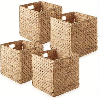 Water Hyacinth Storage Baskets 11in – Handwoven Stackable Cube Baskets for Shelves Closet Laundry, Natural Wicker Organizer Bins