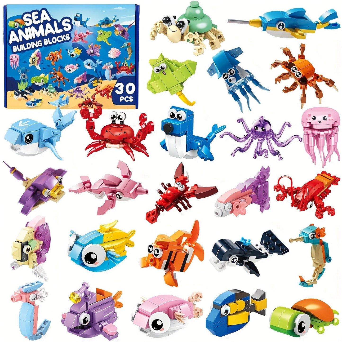 Ocean Mini Building Blocks 30-Pack Party Favors for Kids, Marine-Themed Mini Brick Sets for Birthday Goodie Bags