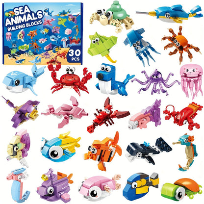 Ocean Mini Building Blocks 30-Pack Party Favors for Kids, Marine-Themed Mini Brick Sets for Birthday Goodie Bags