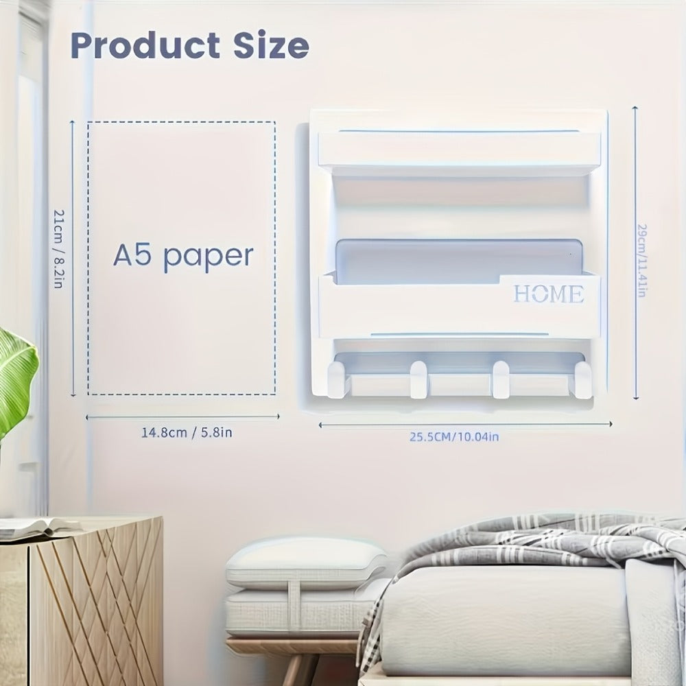Self-Adhesive Bedside Wall Organizer Shelf with Dual Trays, Five Hooks and Black or White Finish