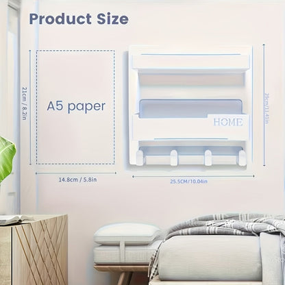 Self-Adhesive Bedside Wall Organizer Shelf with Dual Trays, Five Hooks and Black or White Finish
