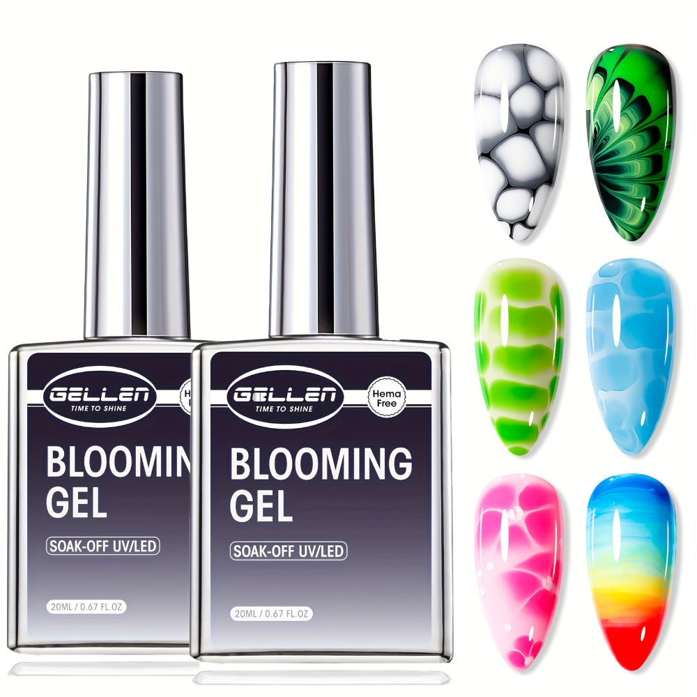 Clear Blooming Nail Art Gel Two-Bottle Set with 20ml Brush-Cap Bottles for Marble, Floral and Tie-Dye Designs