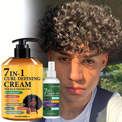 Rosemary Hair Growth Styling Cream & Leave-In Conditioner Spray Set 2pcs - 7-in-1 Formula with Castor