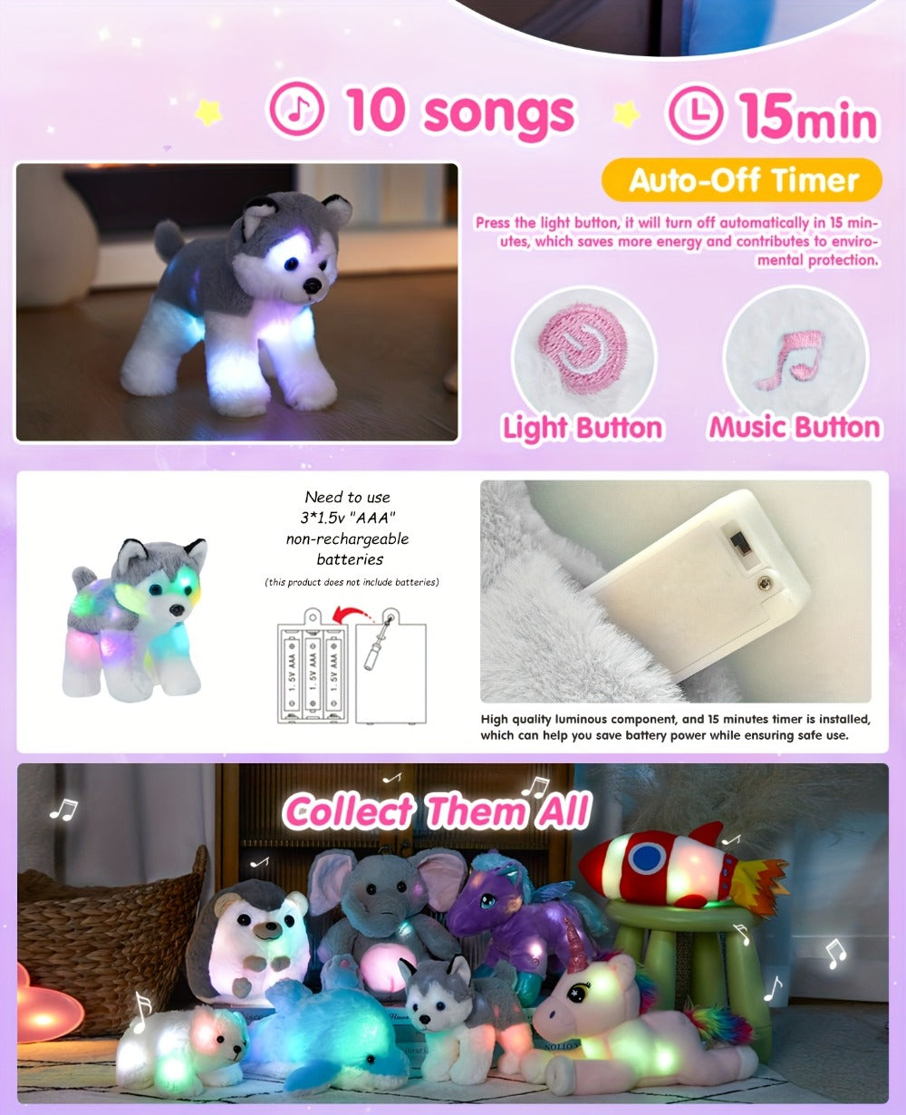Musical Glowing Husky Puppy Plush Toy 12 Inch, Dog Stuffed Animal with Light-Up Night Light & Lullaby Music