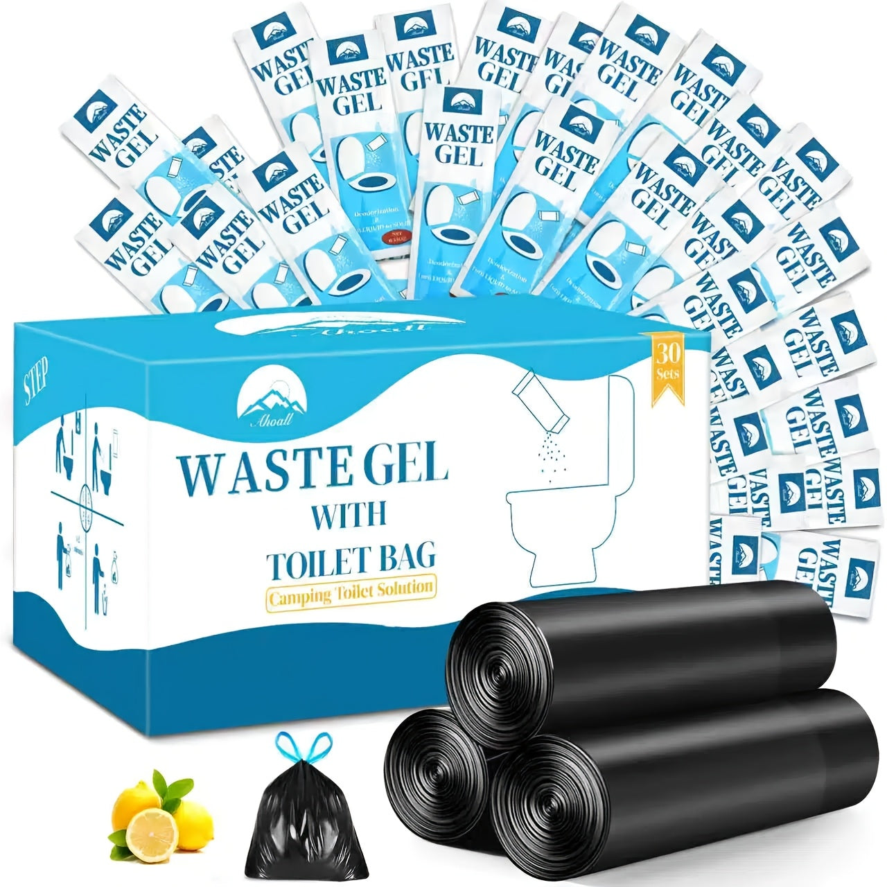 Portable Toilet Bags with Waste Gel – 30 Pack Camping Emergency Outdoor Disposable Toilet Bag Kit with Drawstring Closure and Odor-Absorbing