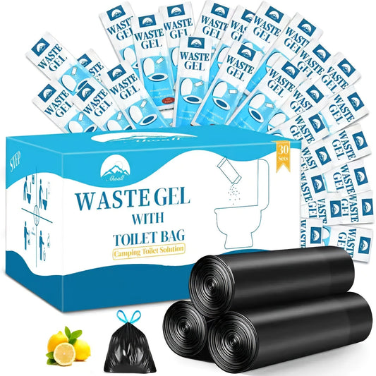 Portable Toilet Bags with Waste Gel – 30 Pack Camping Emergency Outdoor Disposable Toilet Bag Kit with Drawstring Closure and Odor-Absorbing