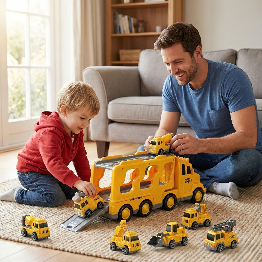 7-in-1 Kids Car Toy Set 7pcs with Playmat, Large Vehicle + 6 Mini Cars Ambulance Police Fire Truck Engineering