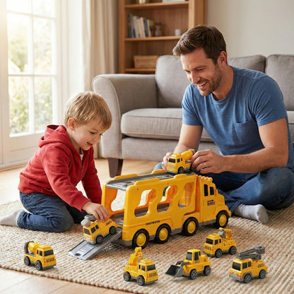 7-in-1 Kids Car Toy Set 7pcs with Playmat, Large Vehicle + 6 Mini Cars Ambulance Police Fire Truck Engineering