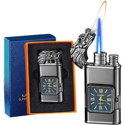 Double Flame Windproof Lighter Creative Retro Metal Lighter Dragon Eagle Gun Shape Quartz Dial Portable Outdoor Lighter Men Gift Box Butane