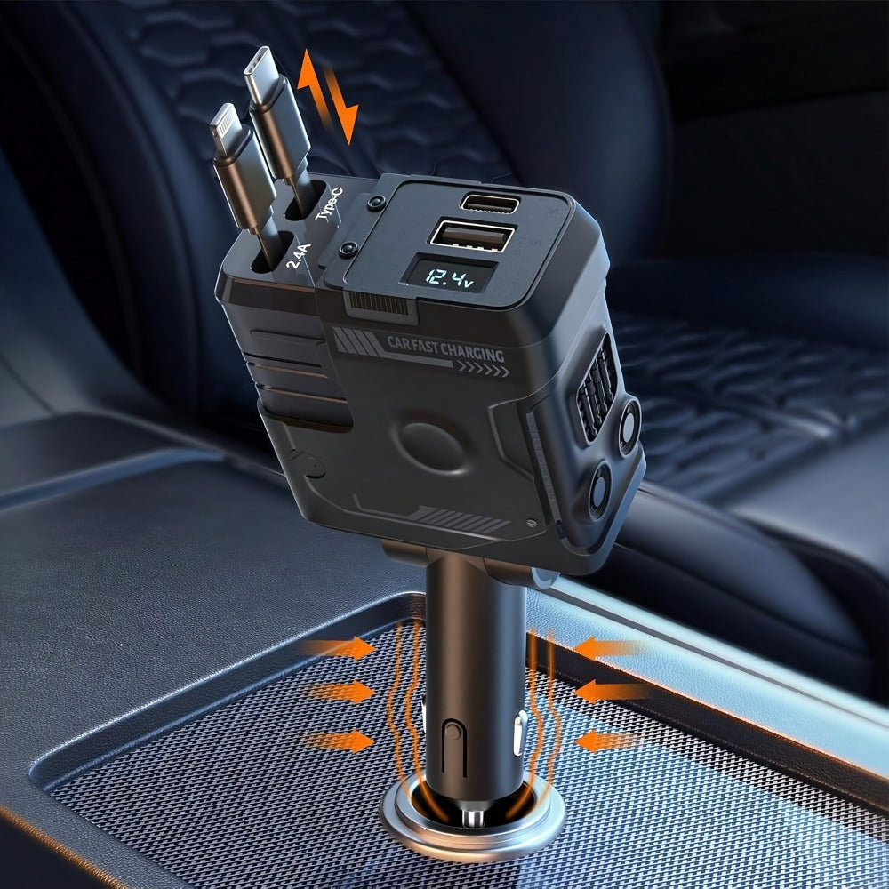 120W Fast Car Charger 4-in-1 with Retractable PD 3.0 Type-C Cable & Multi-Port USB Adapter