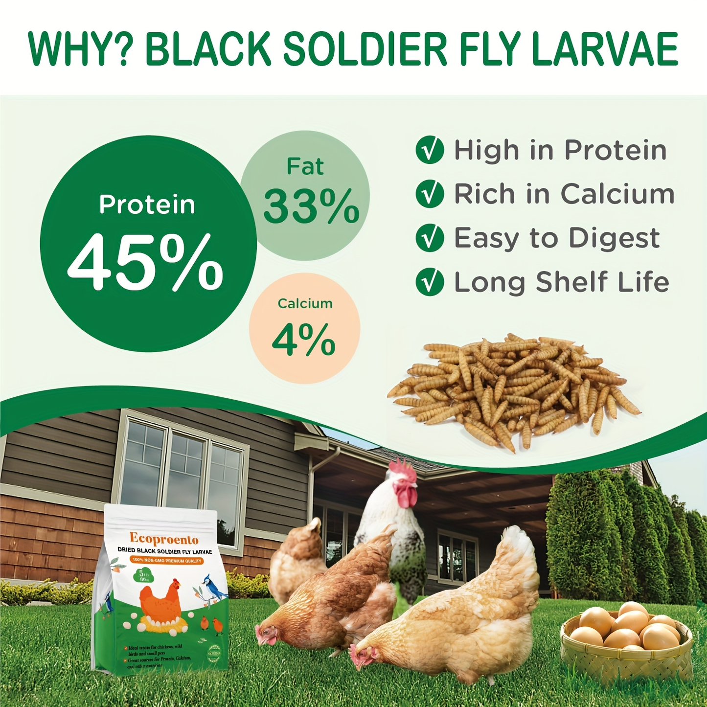 Dried Black Soldier Fly Larvae High Calcium Chicken Feed for Garden, Patio and Yard Use, with the Listed Configuration
