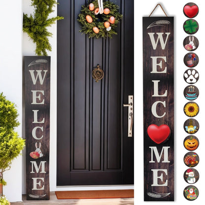 Porch Sign with 12 Interchangeable Seasonal Icons 47 Inch Tall – Welcome Sign for Front Door, Wind Resistant Leaner Board for Patio Yard