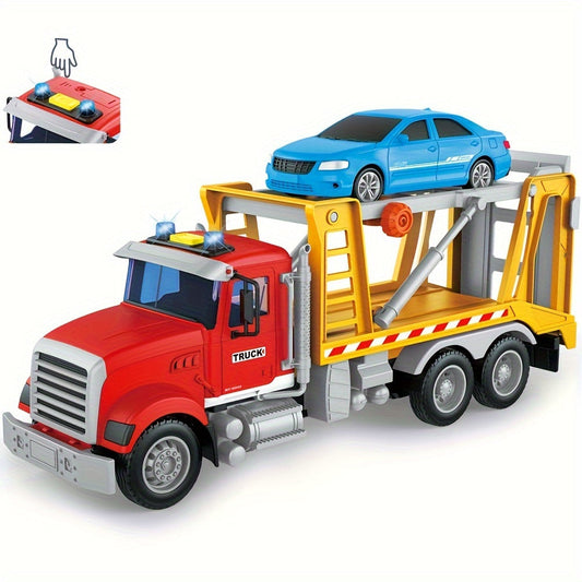13-Inch Tow Truck Toy with Lights & Sounds, Friction Powered Transport Crane Truck for Boys Ages 3 4 5 6