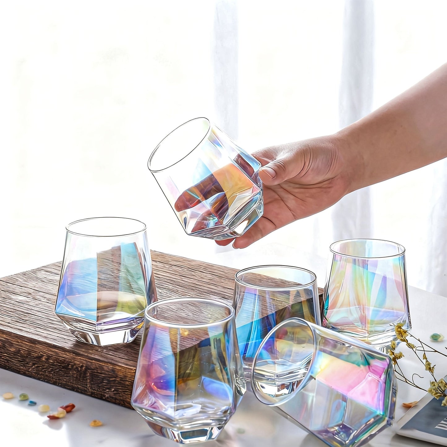 Six-Piece Iridescent Stemless Wine Glass Set with Faceted Bowls, Round Rims and Thick Clear Bases