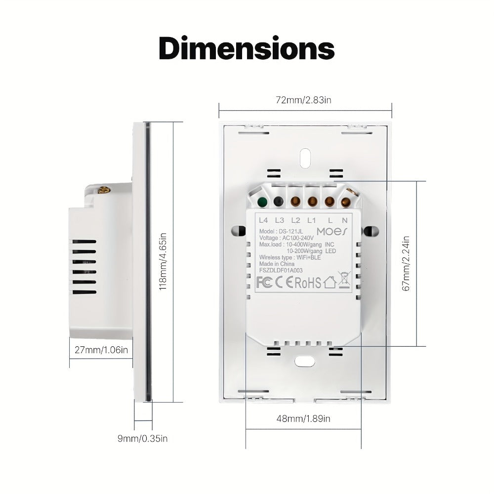 No Neutral Wire Smart Touch Wall Switch MOES WiFi 1/2/3 Gang Single Fire, Works with Alexa & Google Home