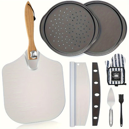Pizza Making Set with Pizza Peel, Nonstick Pizza Pan, Perforated Pan, Pizza Cutter, Oven Mitts, Pie Server & Basting Brush