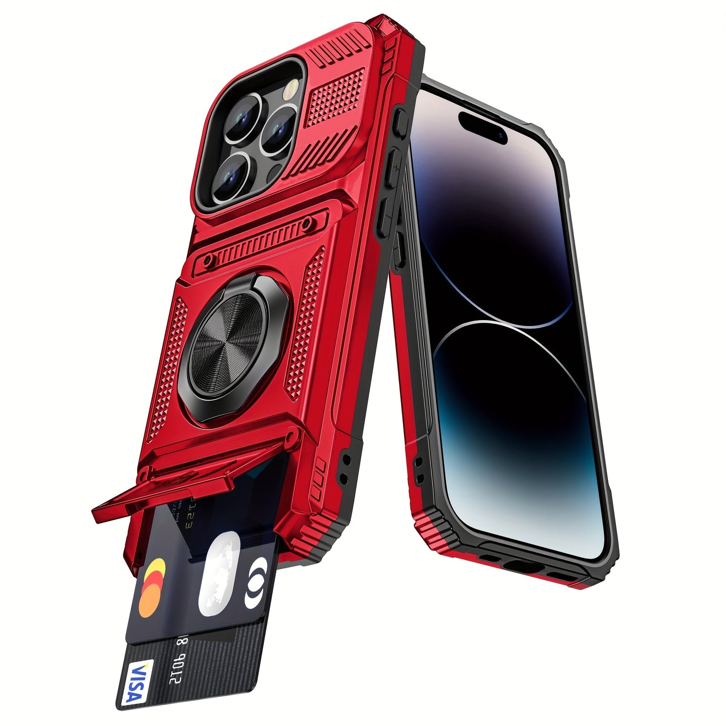 Phone Case Dual-Card Hard Shell Cover with 360-Degree Ring Kickstand for Select iPhone 14, 16 and 17 Models