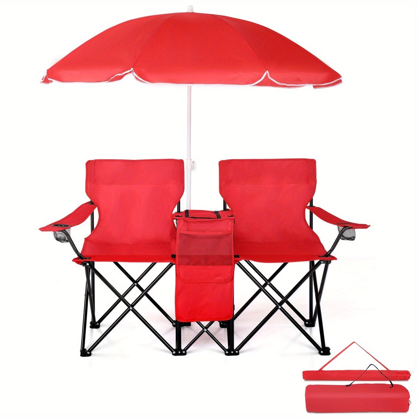 Folding Fishing Chair with Sun Umbrella – 2-Seat Portable Outdoor Chair, Iron Alloy Frame & Oxford Fabric, Built-In Storage Bag & Carry Bag