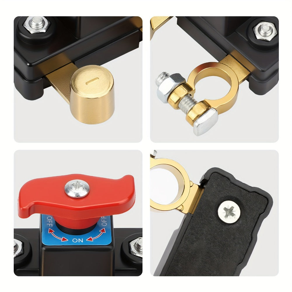 Two-Piece Battery Disconnect Switch Set with Red Rotary Levers and Clamp-Style Terminal Connections